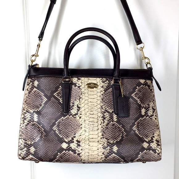 New Coach Snake Skin Style Brown Cream Large Shoulder bag handbag gold metal - Picture 1 of 15